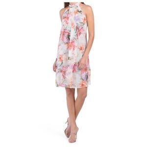 SLNY Women’s Chiffon Sleeveless Halter Neck Overly Floral Printed Midi Dress NWT